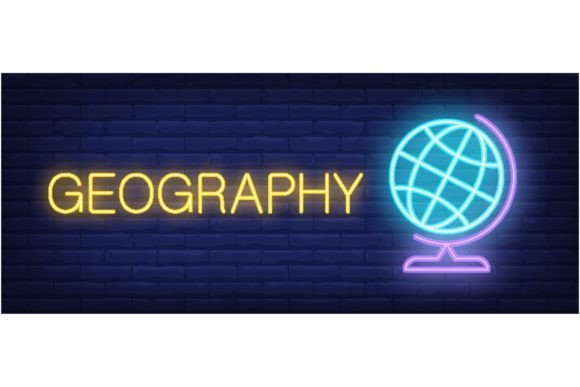 Geography Neon Text with School Globe. E: Illuminating Education and Design